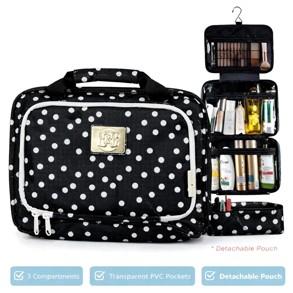 Bang & Carsen Hanging Toiletry Bag Black White Polka Dot Travel Organizer Case